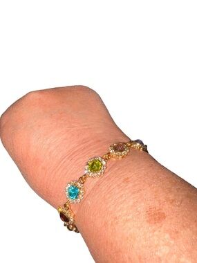 Colorful Crystal Link Bracelet Gold Tone Rainbow Rhinestone Adjustable JB4
